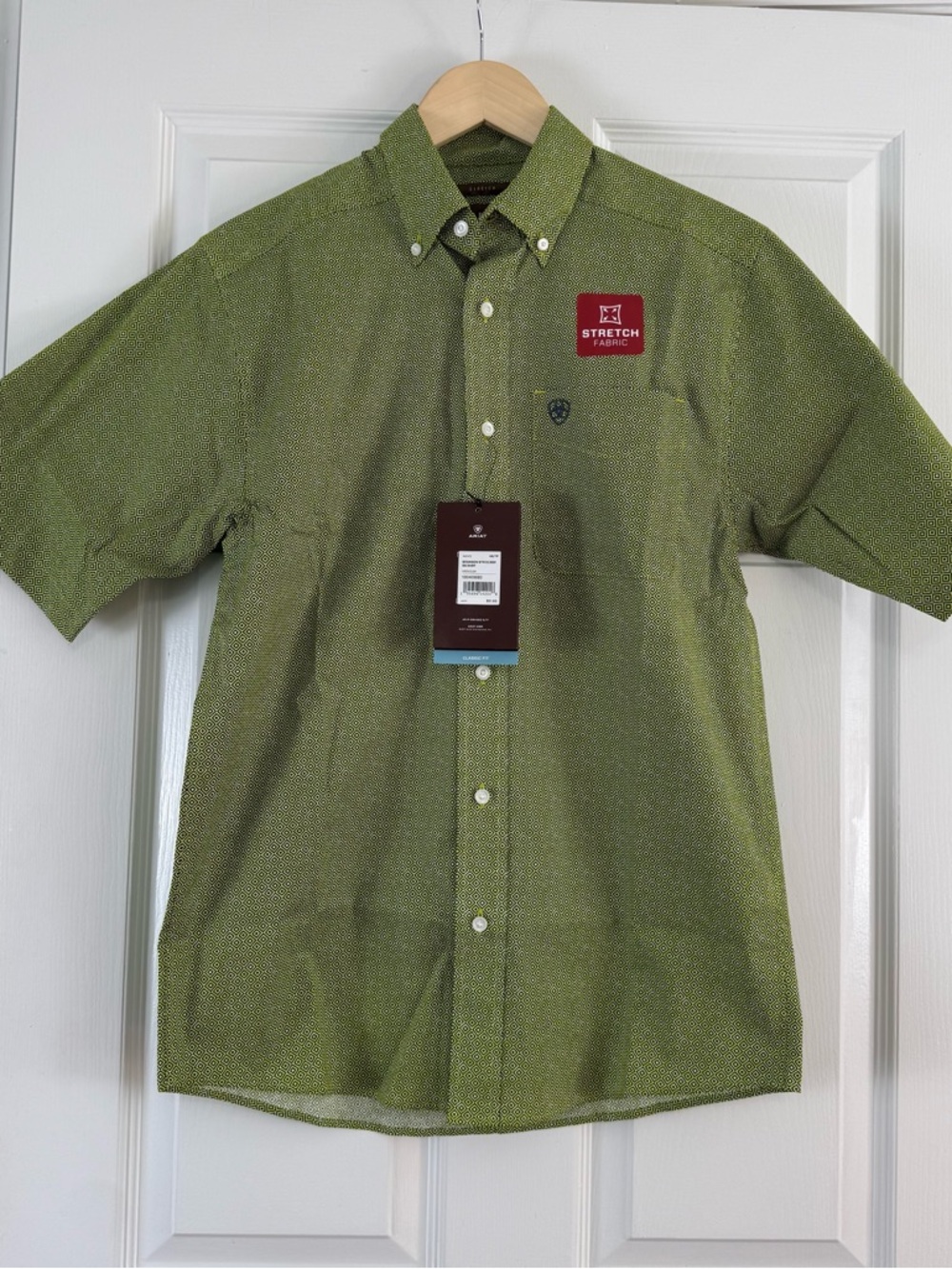 NWT Ariat Men's Short Sleeve Stretch Button-Down Shirt Green Glow Navy Branson